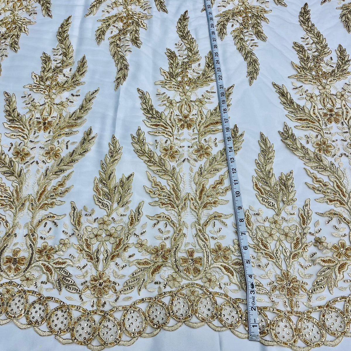 1 Yard Beaded & Corded Embroidered Lace Fabric on 100% Polyester Net Mesh 51" Wide