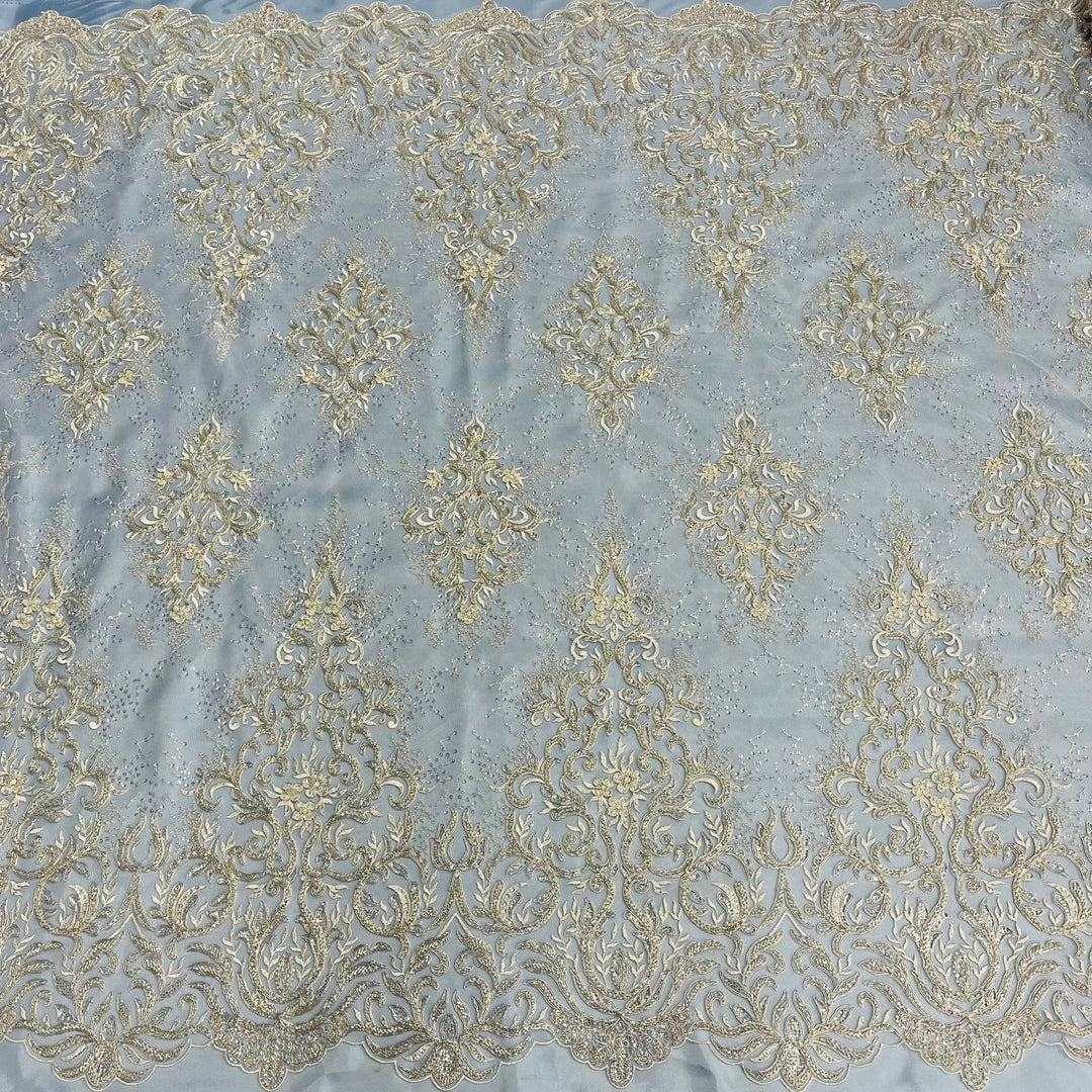 1 Yard Beaded & Corded Bridal Lace Fabric, White, Ivory, Champagne, and Blush