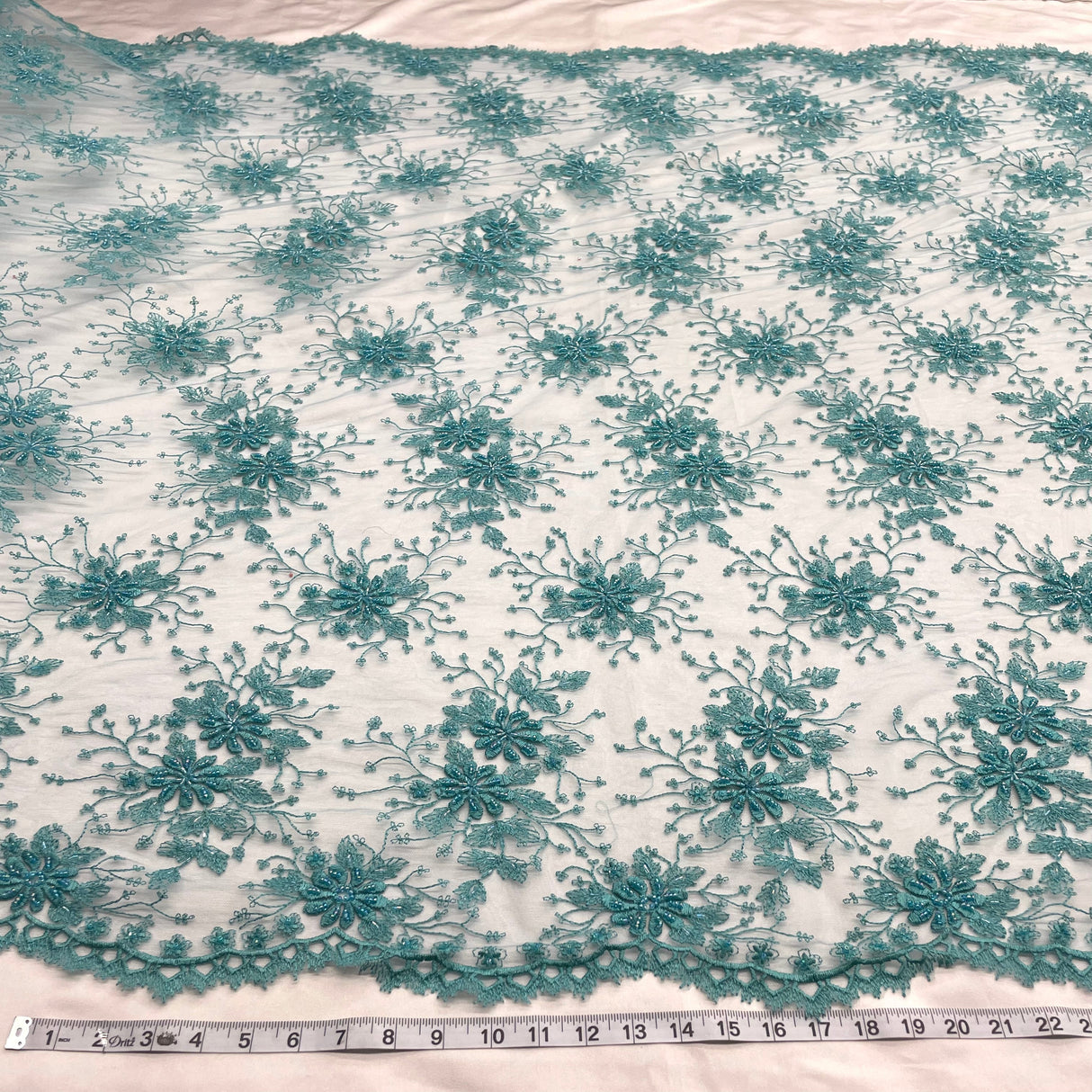 Beaded Lace Fabric on Polyester Net Mesh