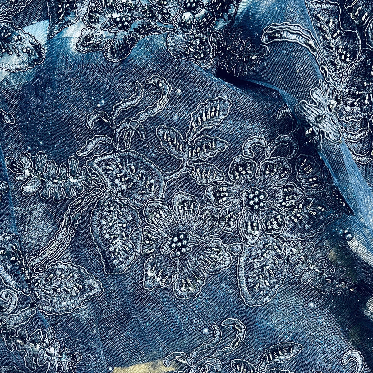 1 Yard 50" Wide Beaded & Corded Lace Fabric Embroidered on 100% Polyester Net Mesh