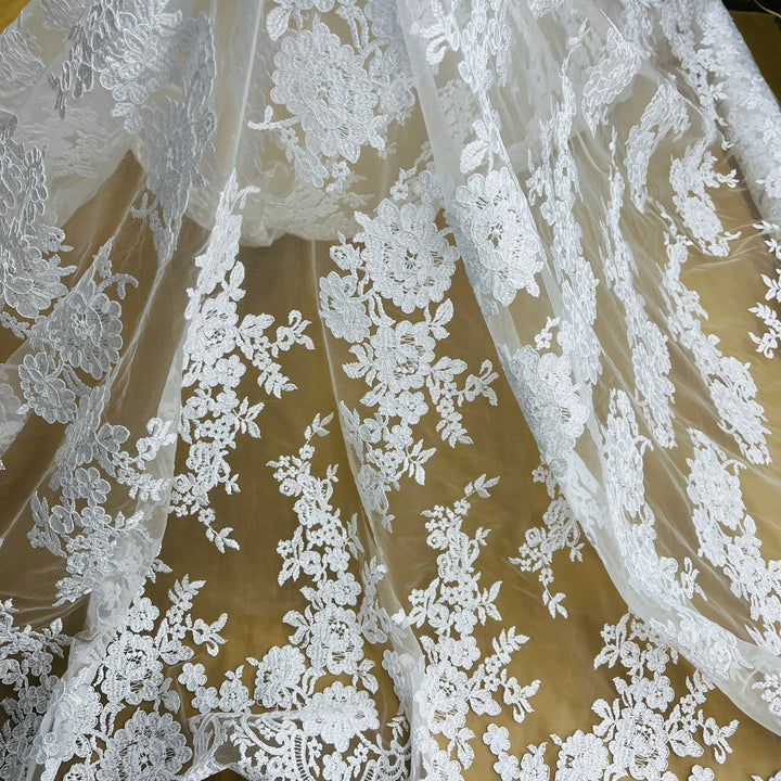 1 Yard Elegant Corded Bridal Lace Fabric with Floral Embroidery White