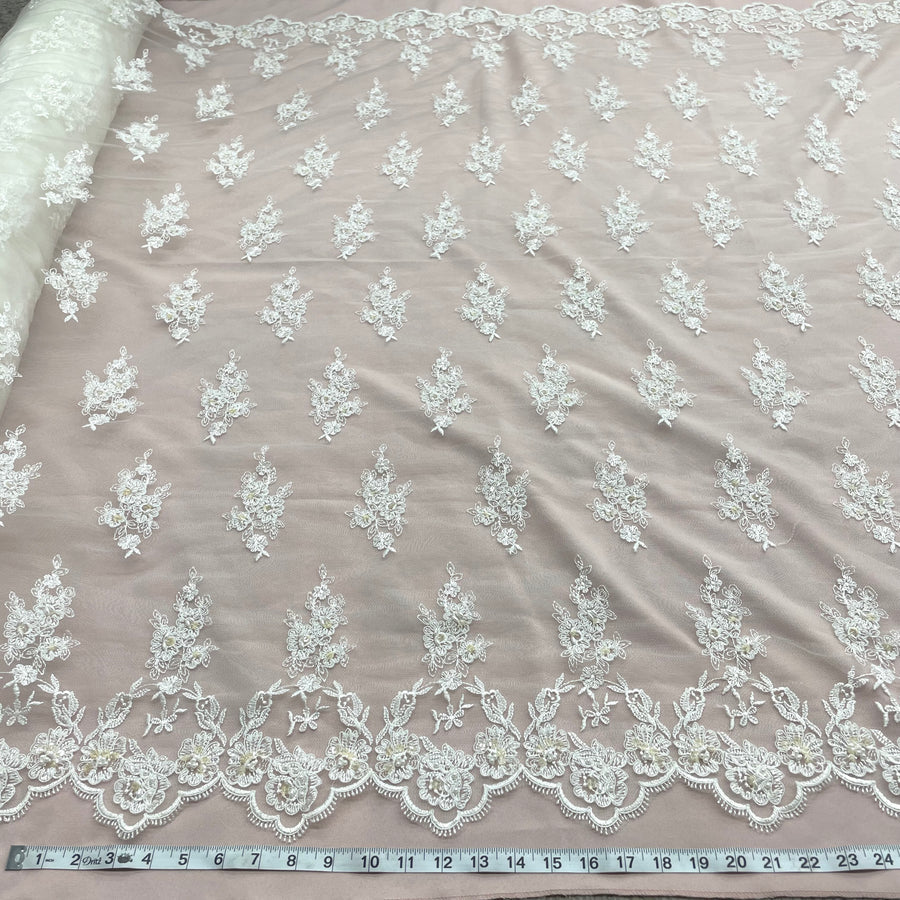 1 Yard - Beaded & Corded Lace Fabric Embroidered on 100% Polyester Net Mesh - Ivory - 53"