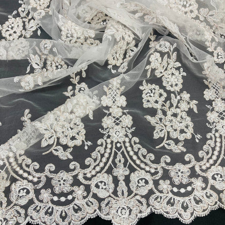 1 Yard Luxurious Corded Lace Fabric Embroidered on 100% Polyester Net Mesh White