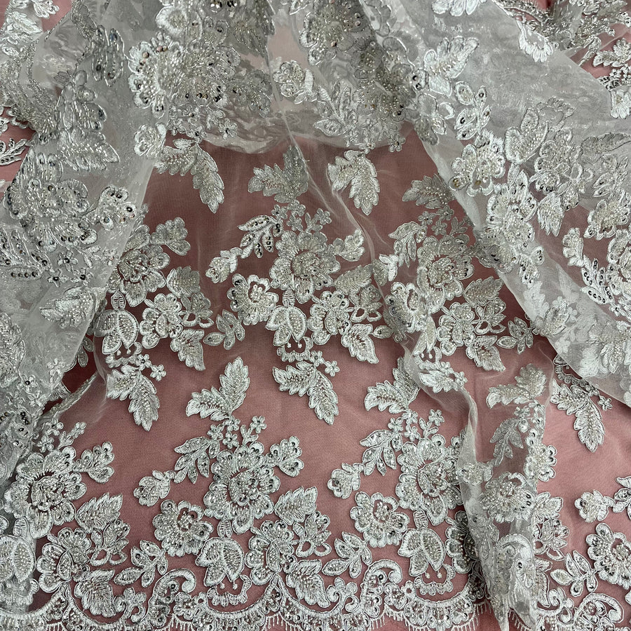 1 Yard Ivory Beaded and Corded Bridal Lace Fabric Embroidered on Polyester Net Mesh 51 Inch Width