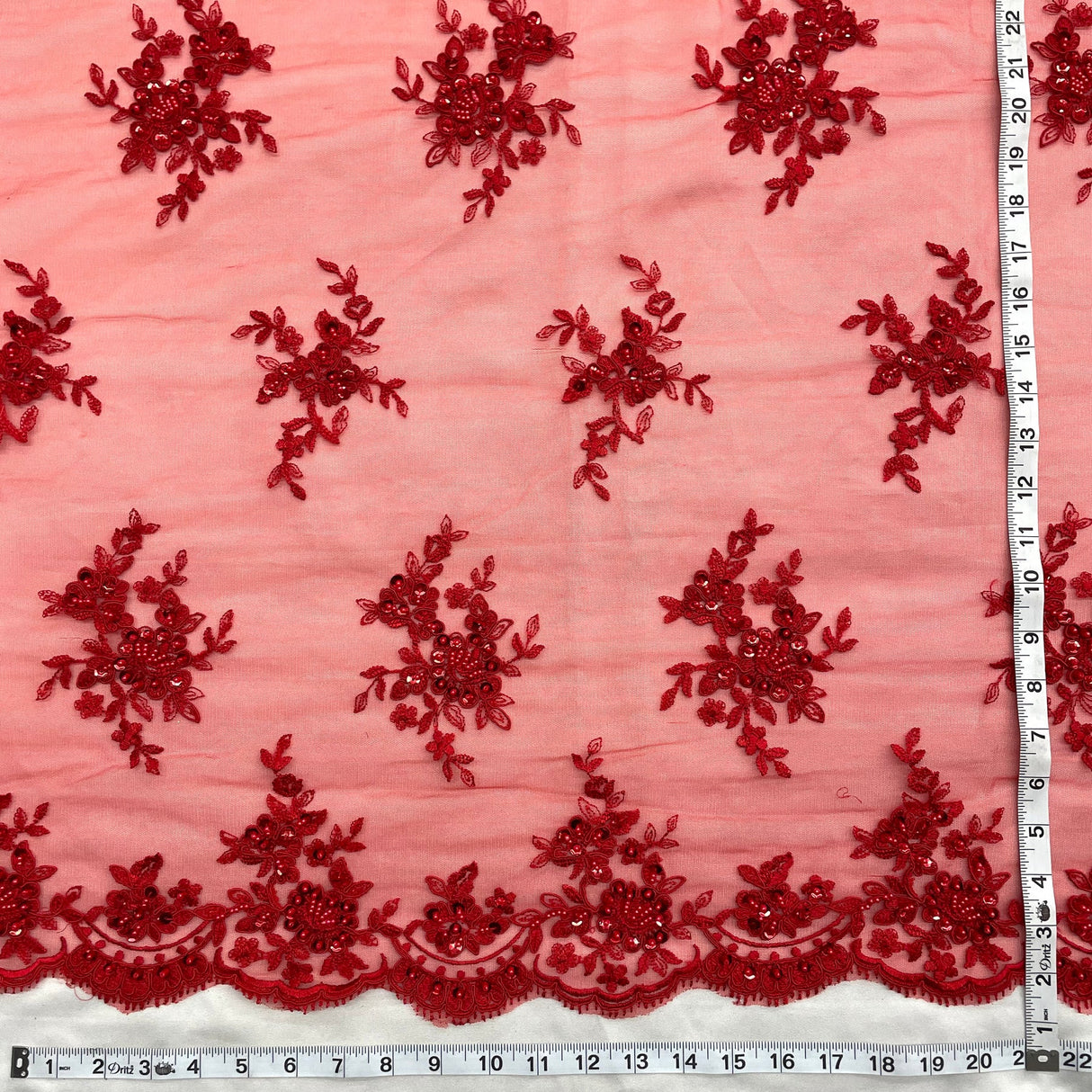 1 Yard Luxurious Beaded & Corded Bridal Lace Fabric Embroidered on Polyester Net Mesh – 54"