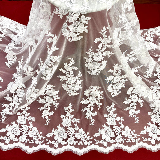 1 Yard Corded Bridal Lace Fabric Embroidered on Polyester Net Mesh 54 inch Width