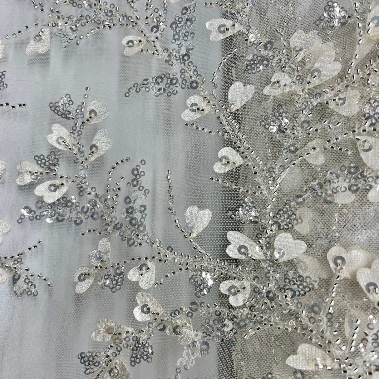 Beaded 3D Floral Lace Fabric Ivory with Silver 54"