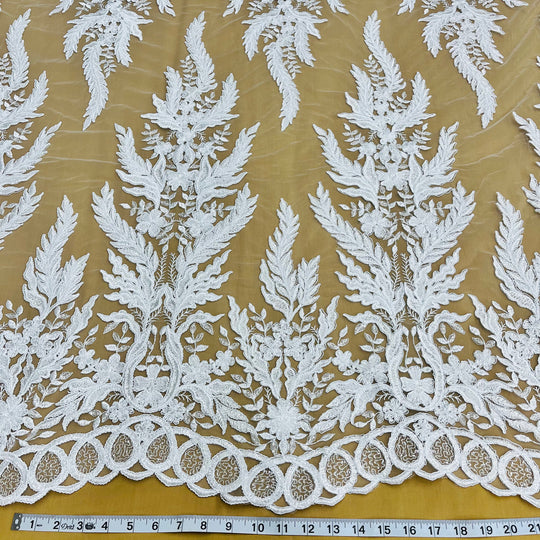 1 Yard Beaded and Corded Bridal Fabric Lace Embroidered on Polyester Net Mesh 51 inch Width