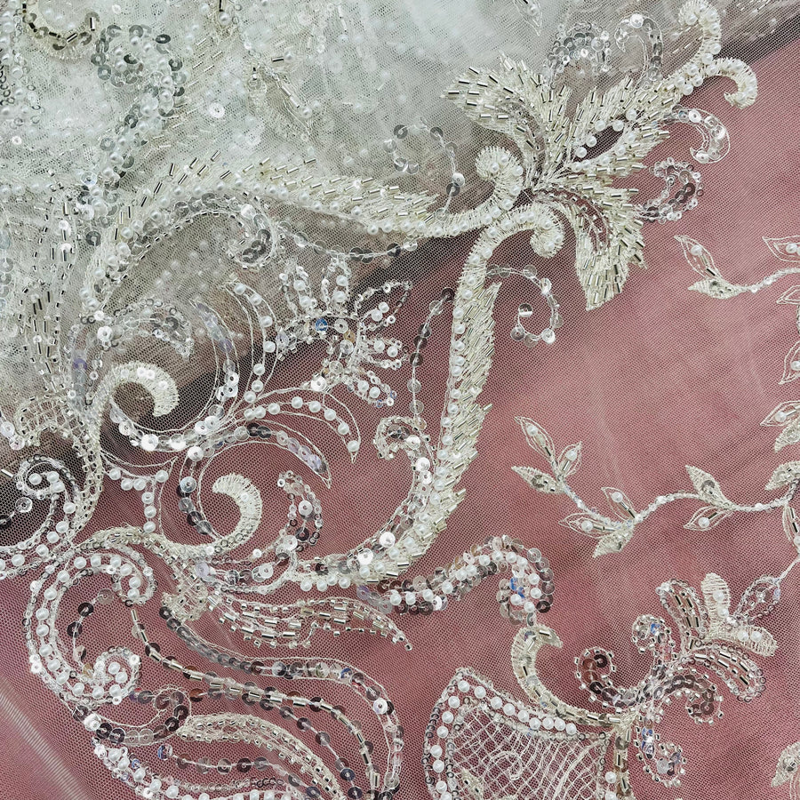 1 Yard Premium Beaded Lace Fabric Embroidered on Polyester Net Mesh White Ivory and Blush