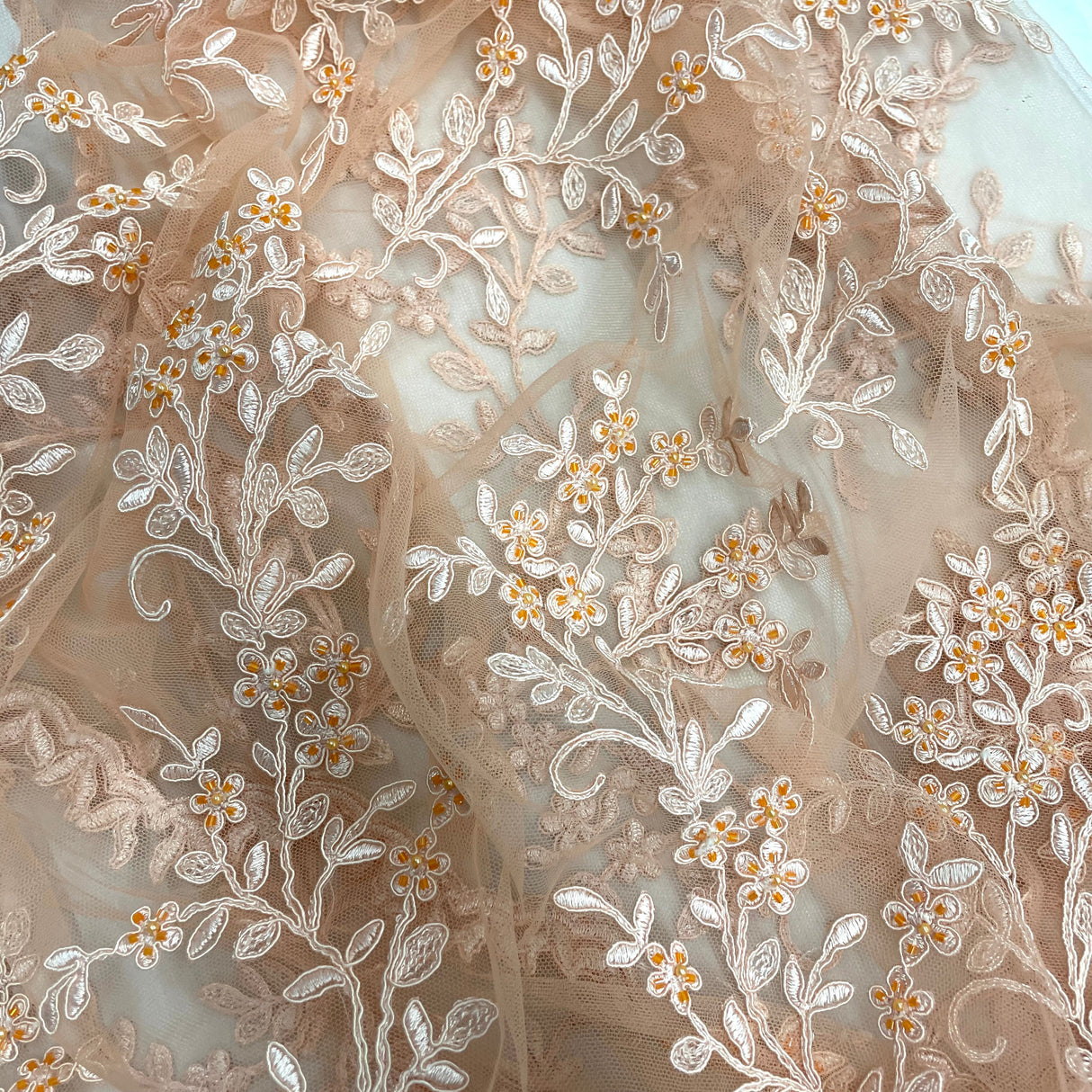 Beaded Corded Bridal Lace Fabric 52" Peach Lime Green