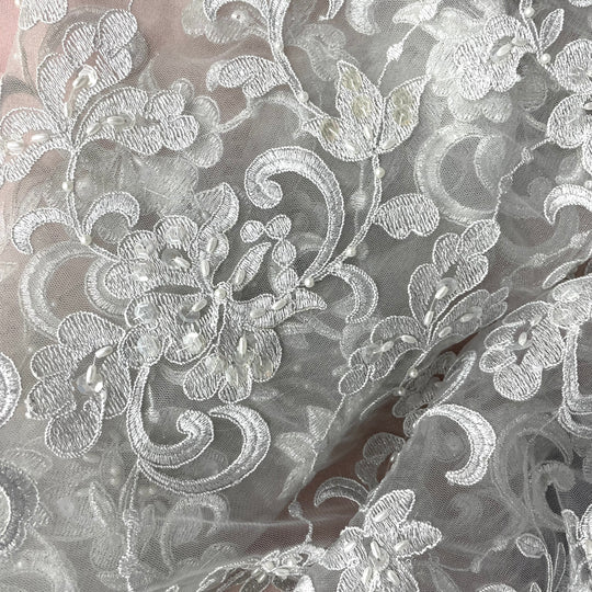 1 Yard Silver Beaded and Corded Bridal Fabric Lace Embroidered on Polyester Net Mesh for Wedding and Evening Gowns – 54"