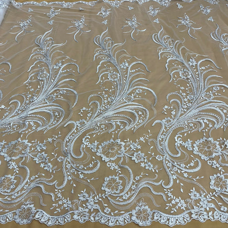 1 Yard Elegant Corded Bridal Lace Fabric Embroidered on 100% Polyester Net Mesh – Silver – 54"