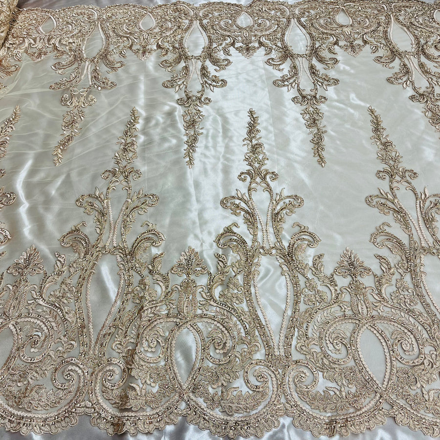 1 Yard Beaded and Corded Bridal Lace Fabric Embroidered on Polyester Net Mesh White