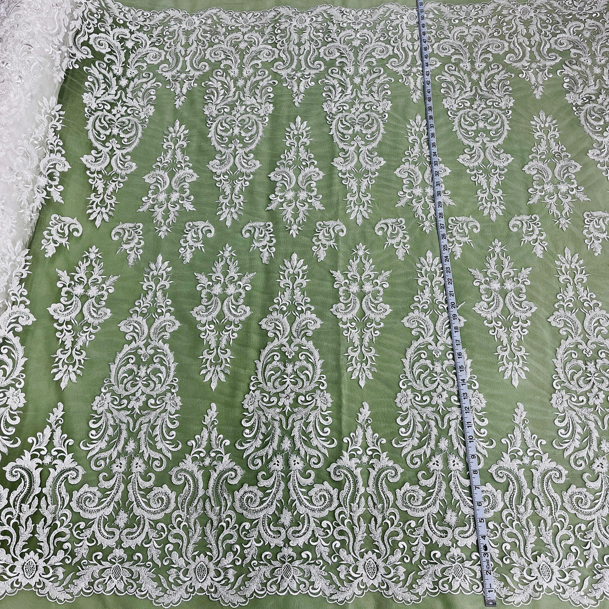 Beaded Lace Fabric Embroidered On 100% Polyester Net Mesh - Off White, Floral Sequin Embroidery, 52" Width (1 Yard)