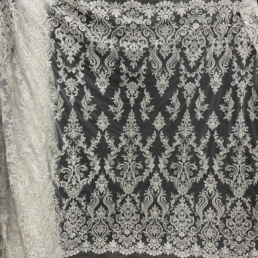 1 Yard Beaded & Sequined Lace Fabric, Ivory, Silver, and Blush