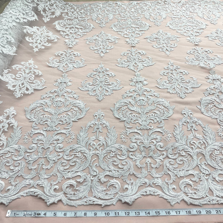 1 Yard Exquisite Corded Bridal Lace Fabric Embroidered on 100% Polyester Net Mesh White