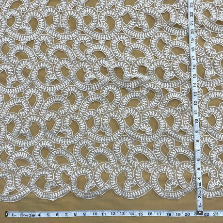 1 Yard Beaded Lace Fabric Embroidered on 100 Percent Polyester Organza White 54 inch Width