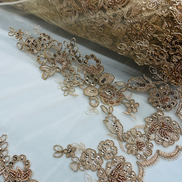 1 Yard Beaded and Corded Bridal Lace Fabric for Elegant Wedding Dresses White