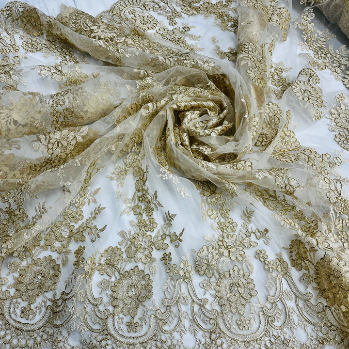 1 Yard Corded Bridal Lace Fabric Embroidered on Net Mesh White