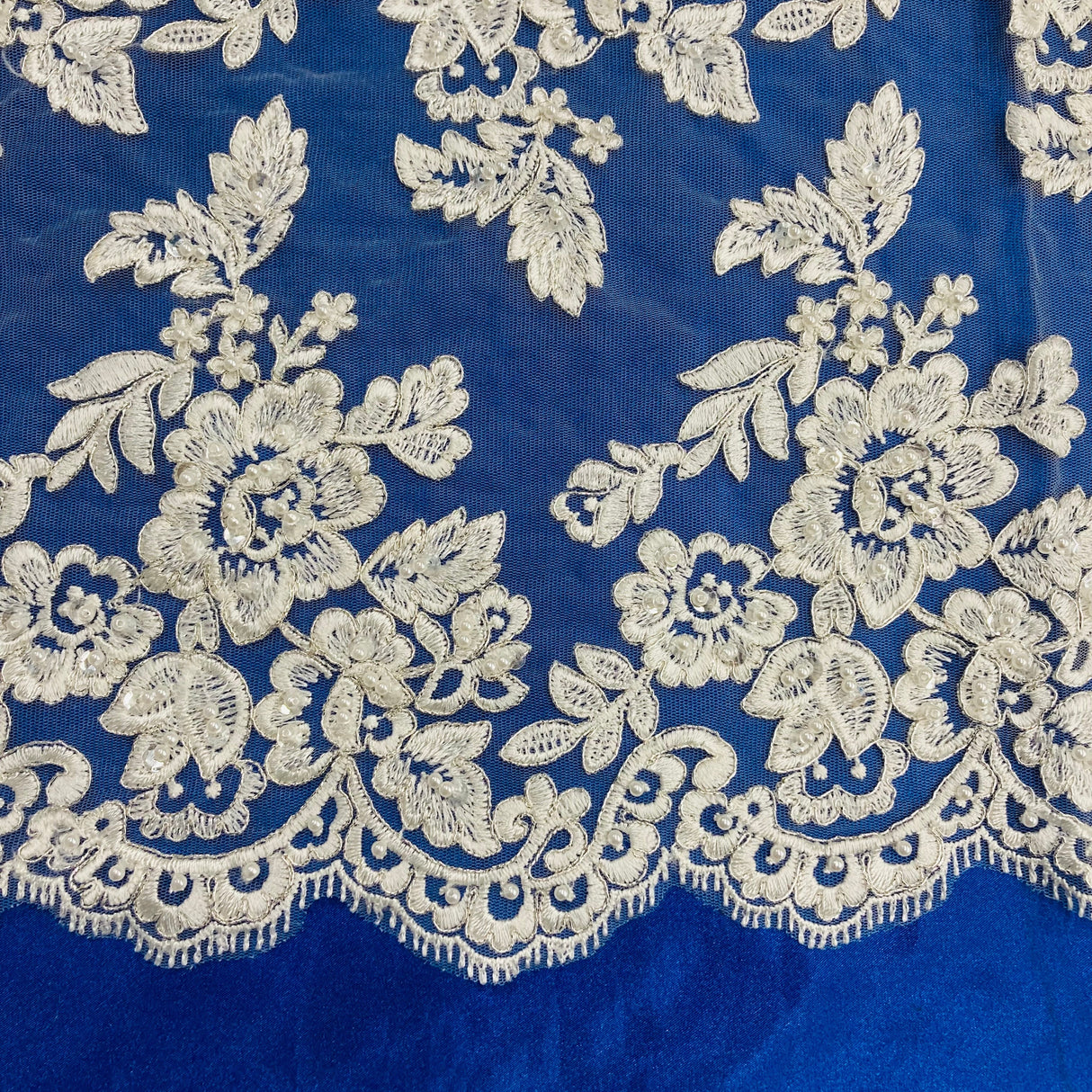 Beaded Corded Bridal Lace Fabric - Embroidered 100 Percent Polyester Net Mesh, 50" Wide (1 Yard)