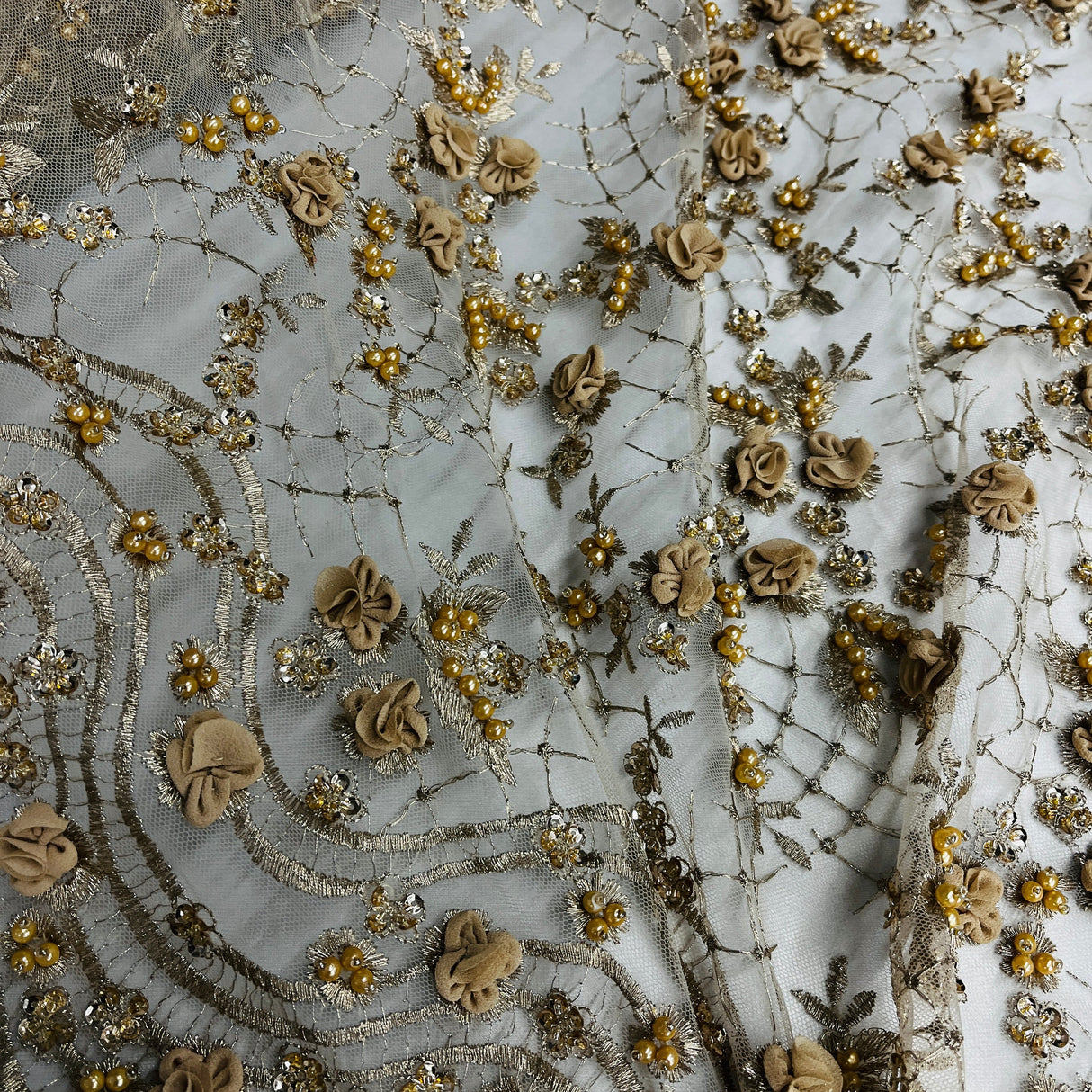Beaded 3D Floral Lace Fabric