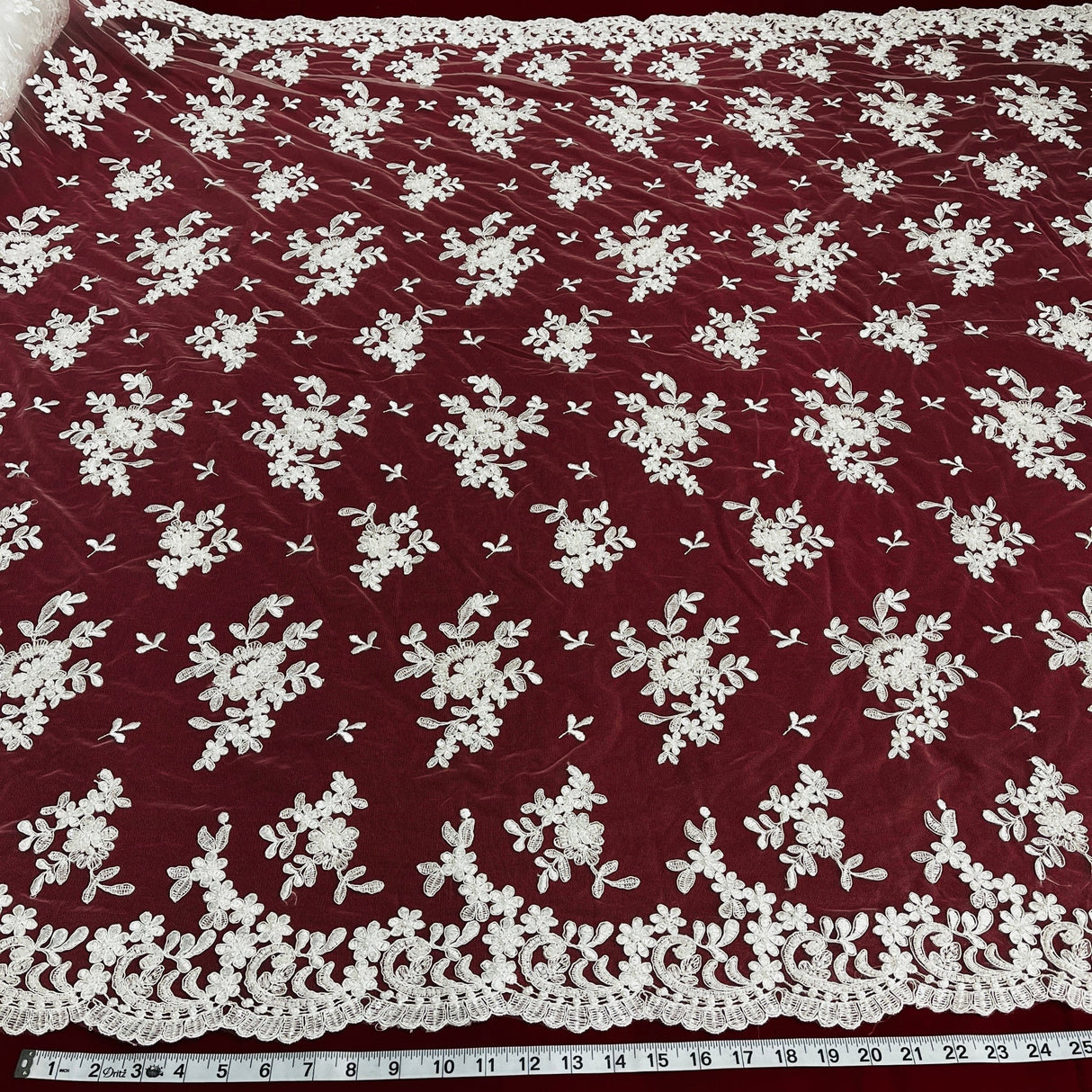 Beaded Corded Floral Lace Fabric 52" Scalloped Edges