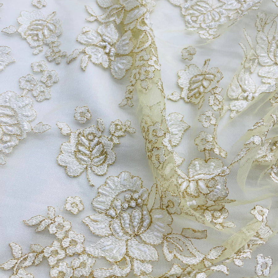 1 Yard Ivory with Gold Beaded Lace Fabric Embroidered on Polyester Net Mesh 54 Inch Width