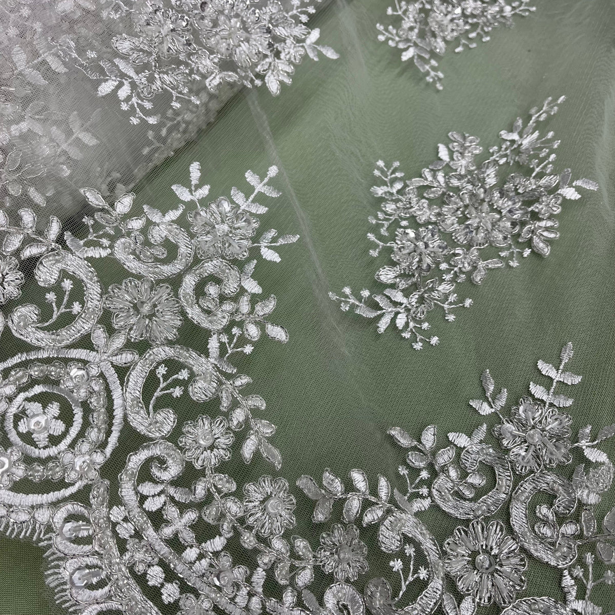 1 Yard Beaded & Corded Embroidered Lace Fabric on 100% Polyester Net Mesh, Elegant Wedding & Evening Material