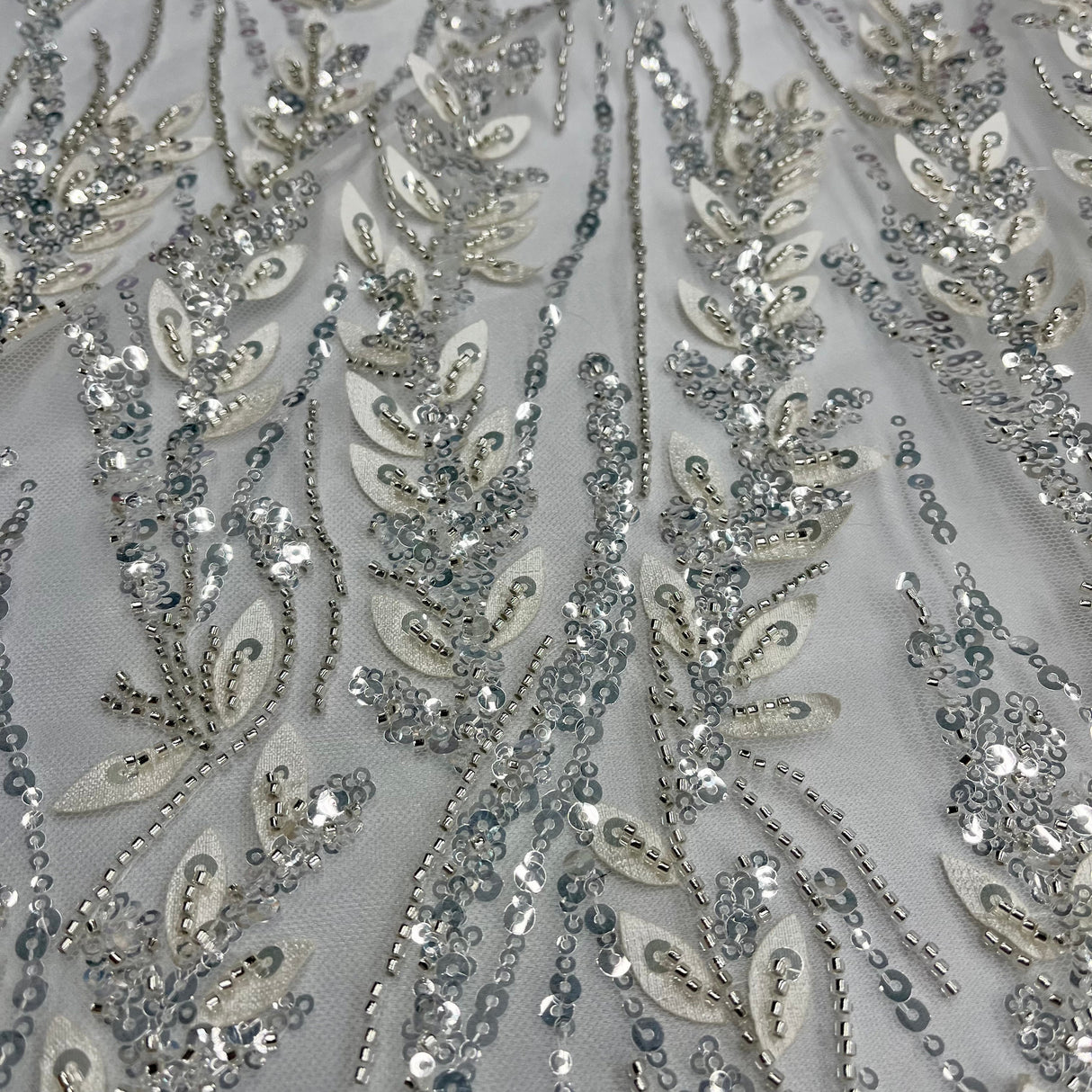 Beaded 3D Floral Lace Fabric Ivory Silver