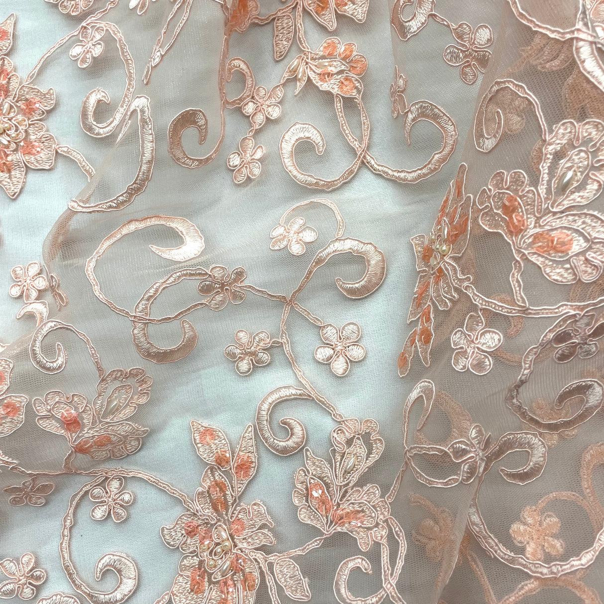 Beaded Corded Bridal Lace Polyester Fabric - Embroidered Net Mesh, 54" Width (1 Yard)