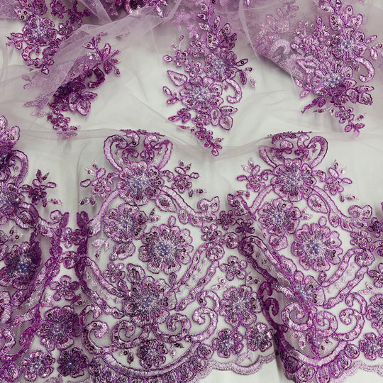 1 Yard Regal Beaded and Corded Lace Fabric with Scallops Embroidered on Polyester Net Mesh