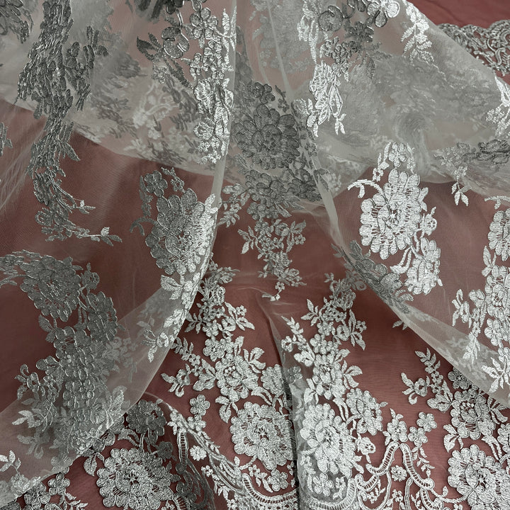 1 Yard Corded Bridal Lace Fabric Embroidered on Net Mesh White