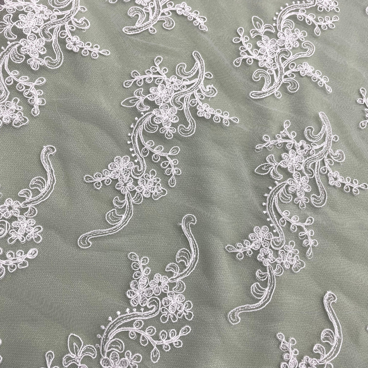 Corded Bridal Lace Fabric on Polyester Net Mesh