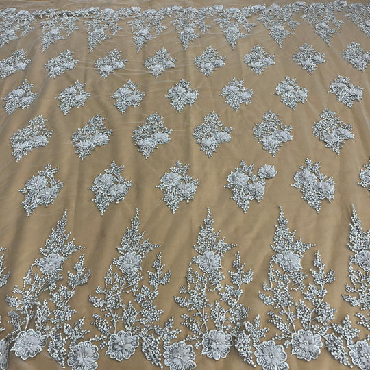 1 Yard Silver Beaded 3D Floral Lace Fabric Embroidered on Polyester Net Mesh Couture 52 Inch Width