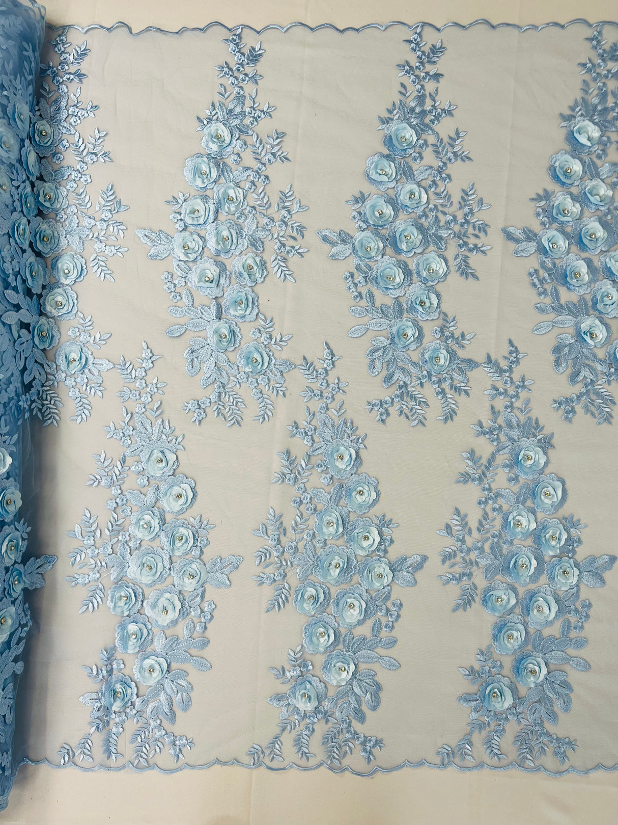 Rosa 3D Floral Design With Rhinestones Polyester Fabric - 3D Floral Embroidered Mesh Lace, 54" Width (1 Yard)
