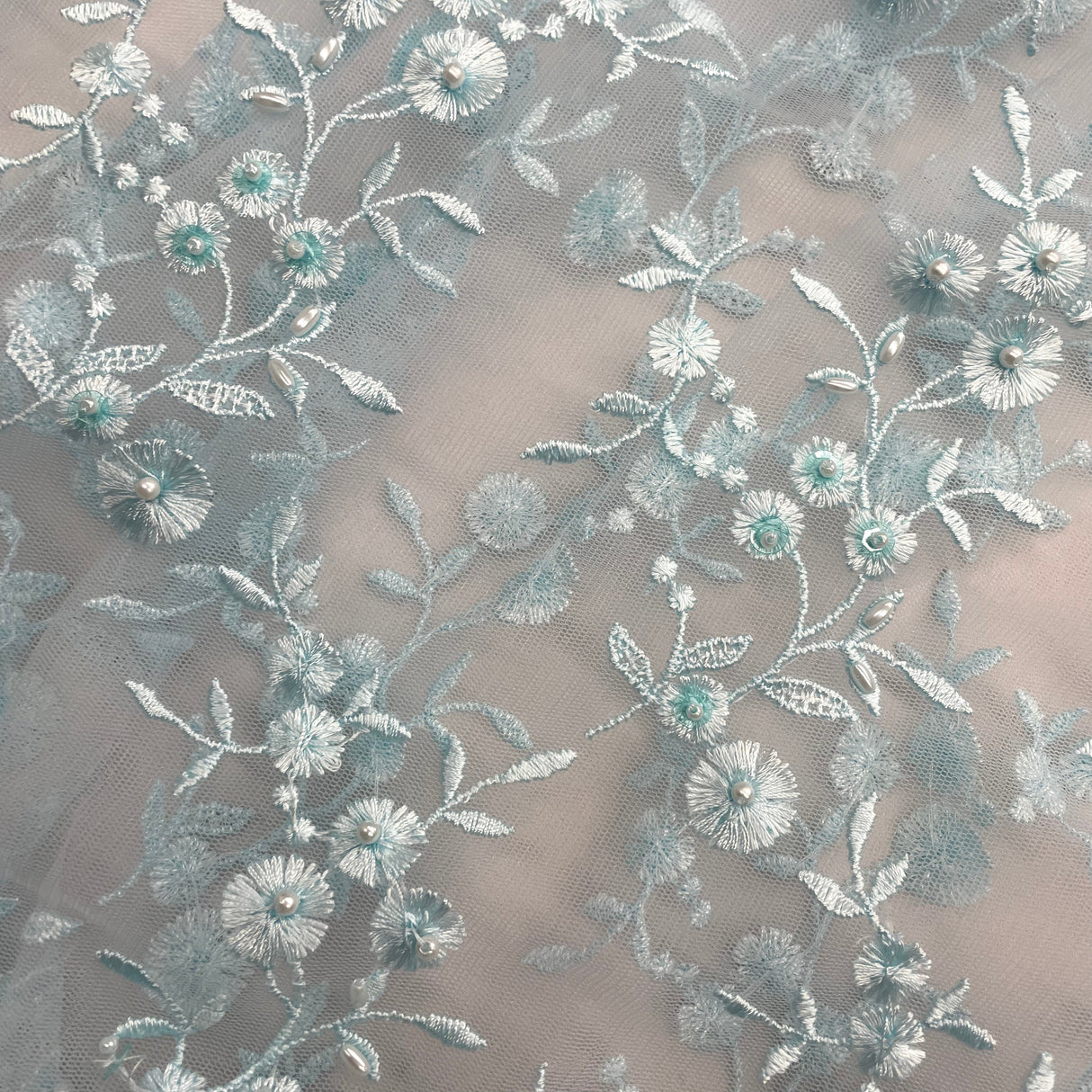 Beaded Lace Fabric on Polyester Net Mesh