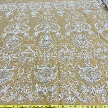 1 Yard Premium Beaded Lace Fabric Embroidered on Polyester Net Mesh White Ivory and Blush