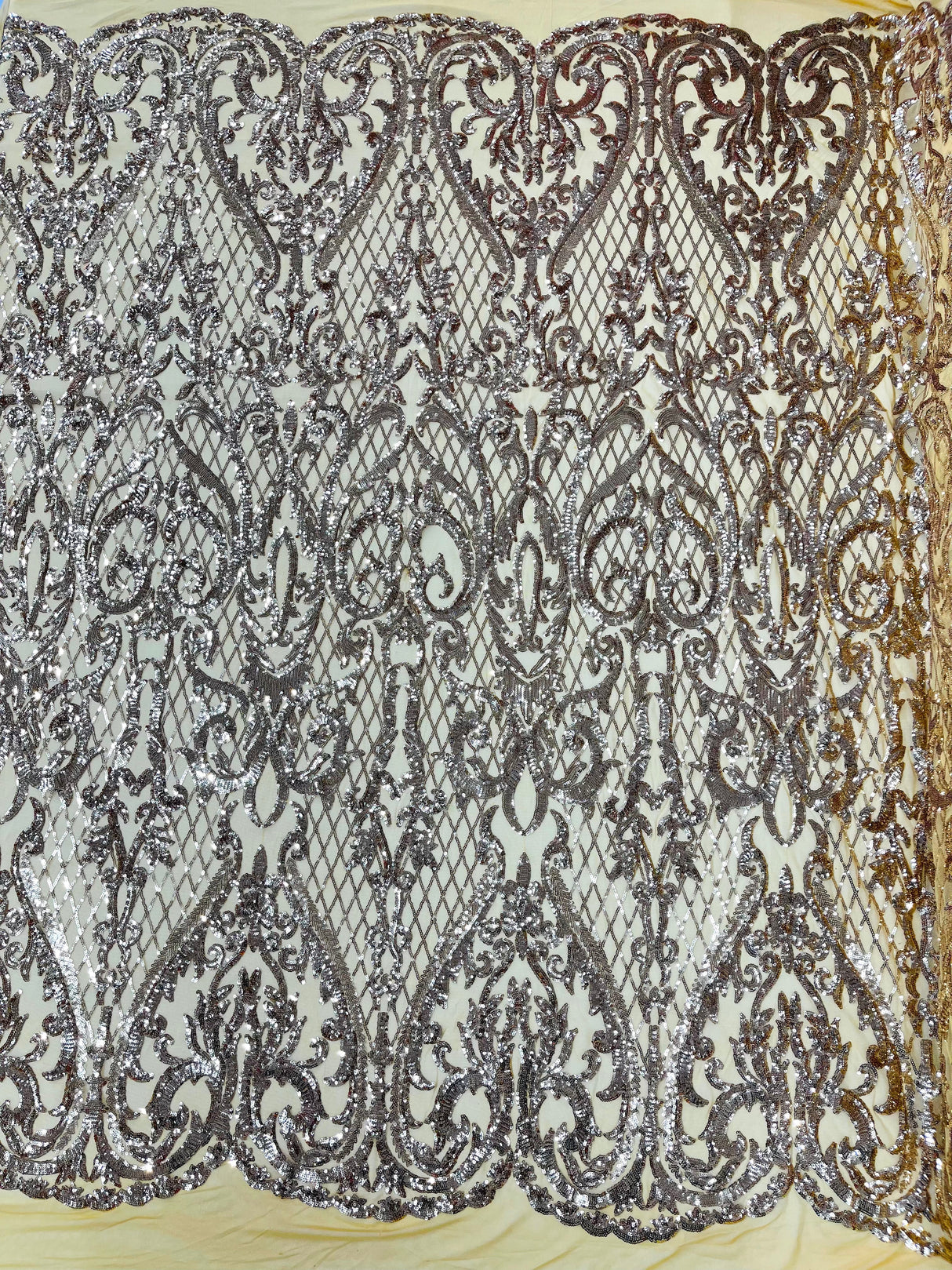 Heart Sequin Damask Polyester Fabric - Heart Damask, Iridescent Sequins, 54" Width (1 Yard)