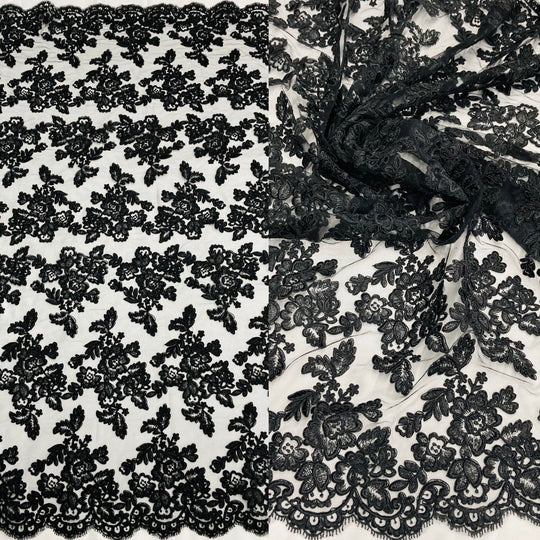 1 Yard Corded Bridal Lace Fabric Embroidered on 100% Polyester Net Mesh – 51"