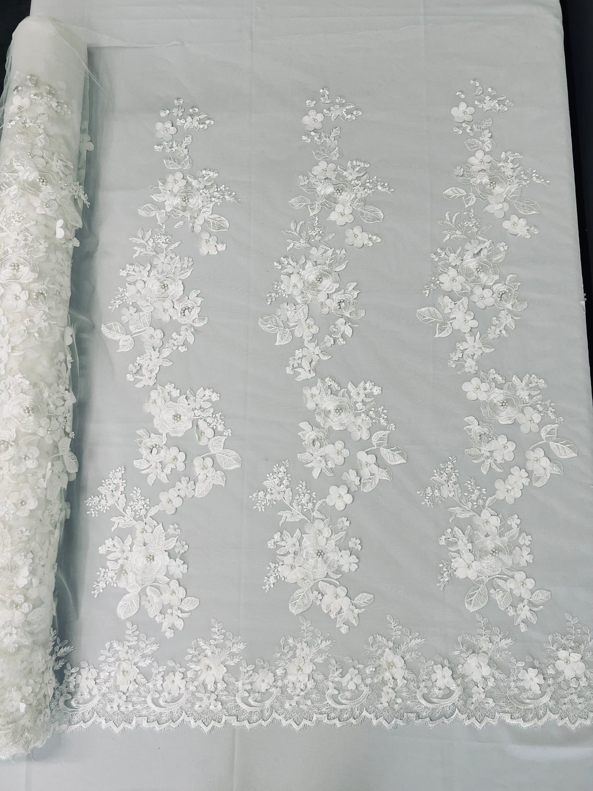 Scarlet 3D Floral Design Lace Fabric - Embroidered Beaded Mesh Lace, Double Scallop, 54" Width (1 Yard)