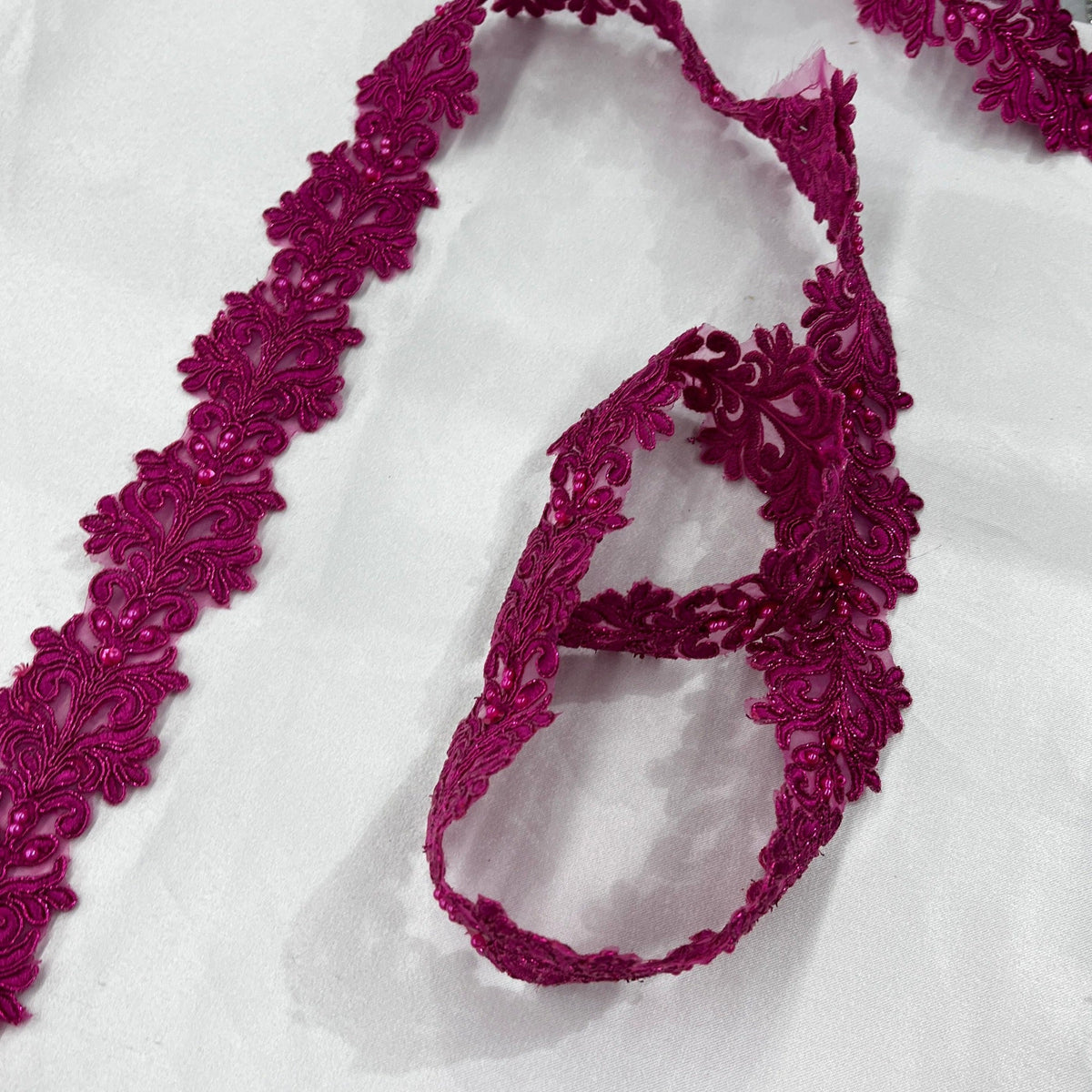 1 Yard Elegant Beaded & Corded Embroidered Lace Trim, 100% Polyester Fabric