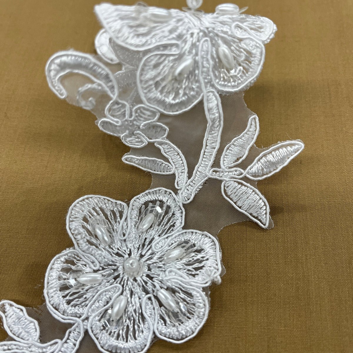 1 Yard Beaded & Corded Lace Applique Embroidered on Polyester Organza for Bridal & Evening Wear 10" X 2"