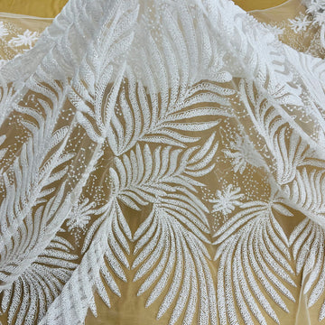 1 Yard Beaded & Corded Bridal Lace Fabric Embroidered on 100% Polyester Net Mesh