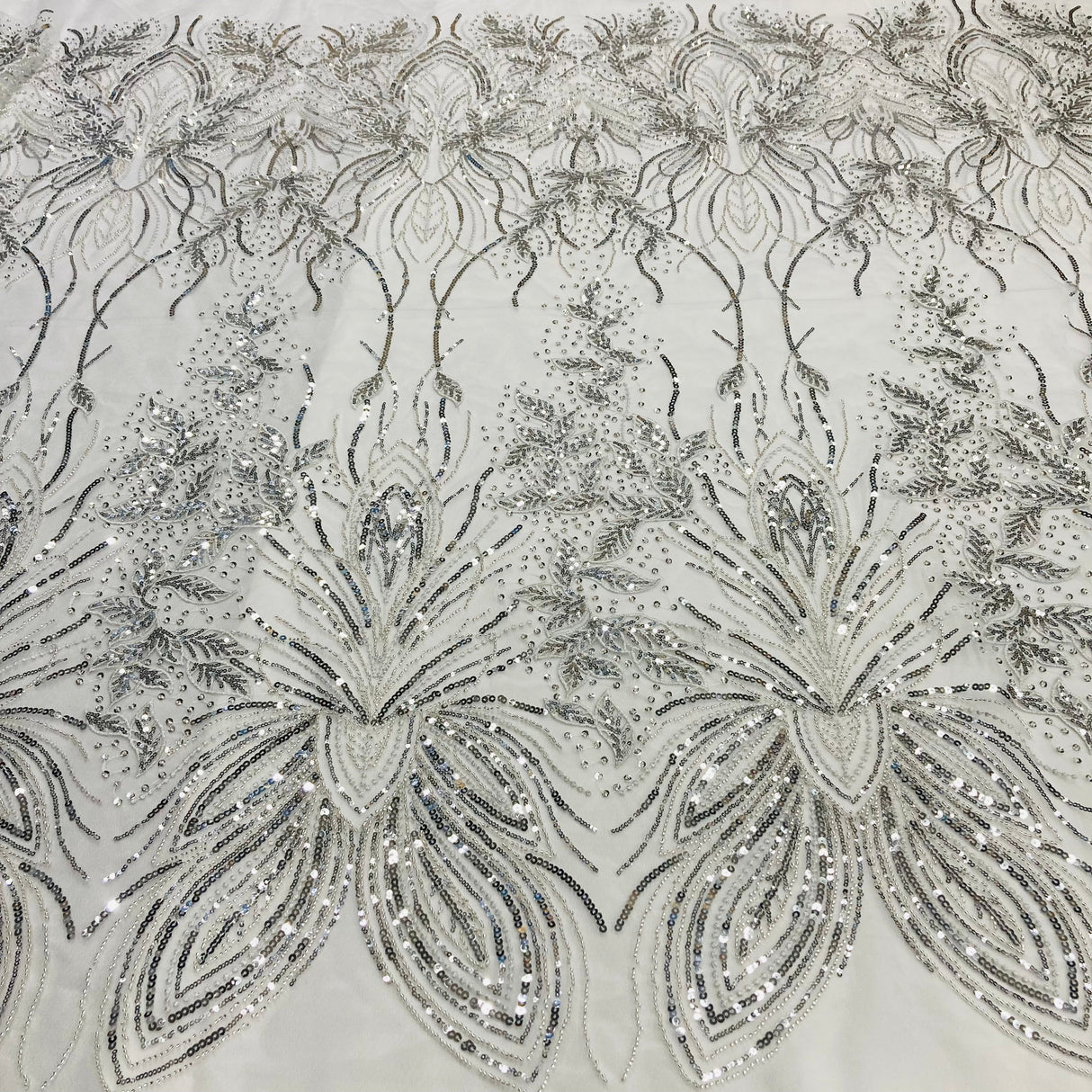 Beaded Lace Fabric on Polyester Net Mesh