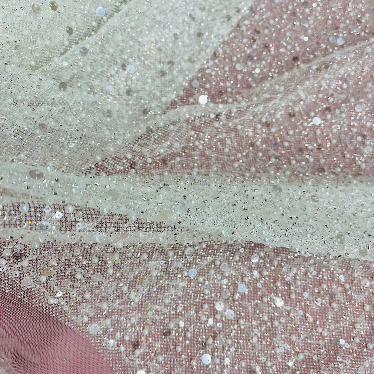 Beaded Sequined Lace Fabric Off White Silver