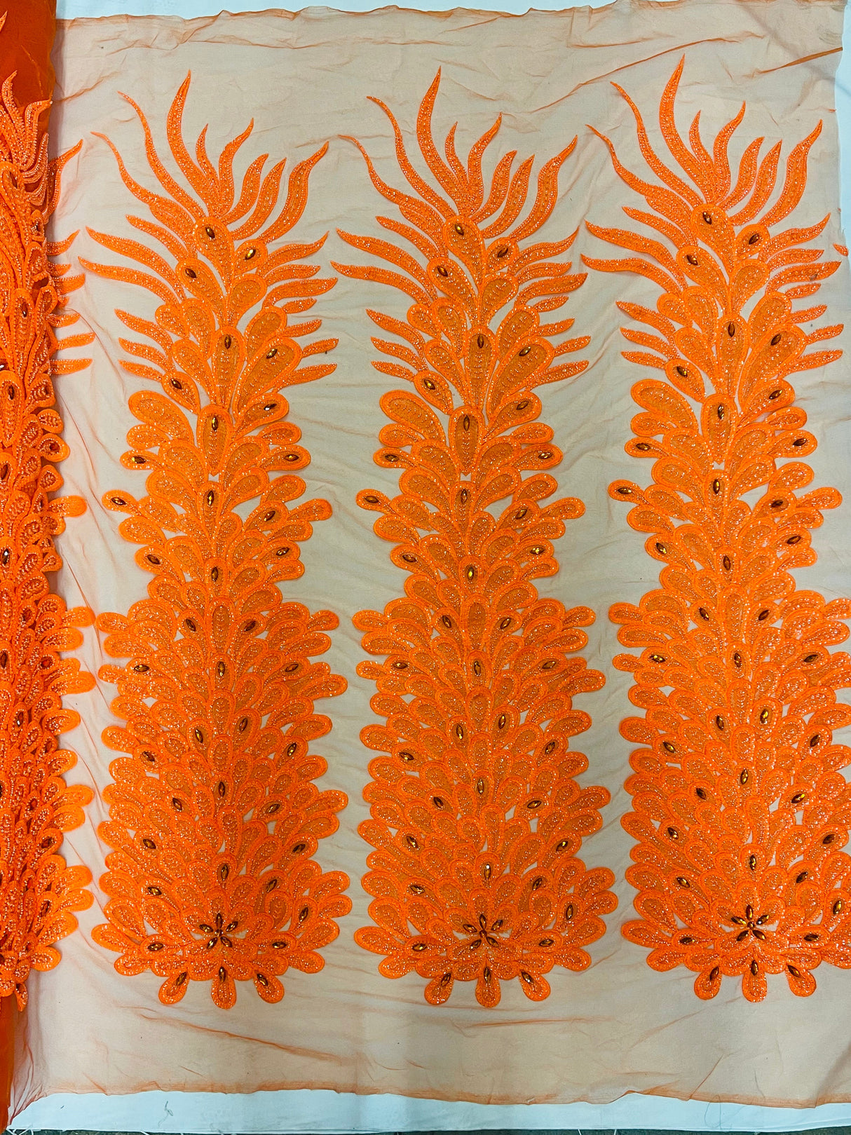 New Vegas Heavy Beaded Feather Design Embroidery Mesh Fabric - Beaded Feather Design, 11" Width, 50" Length (1 Panel)