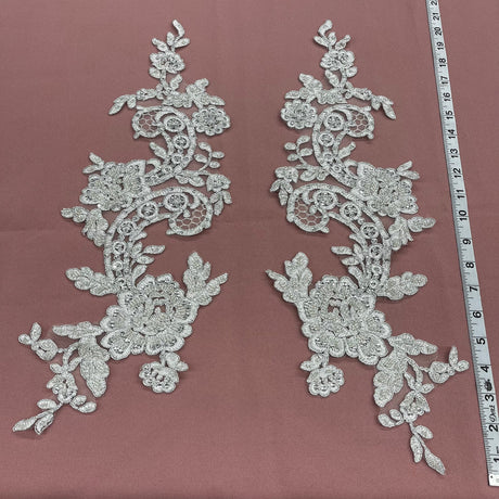 1 Pair 20" x 5.5" Beaded & Corded Floral Lace Applique on 100% Polyester Mesh