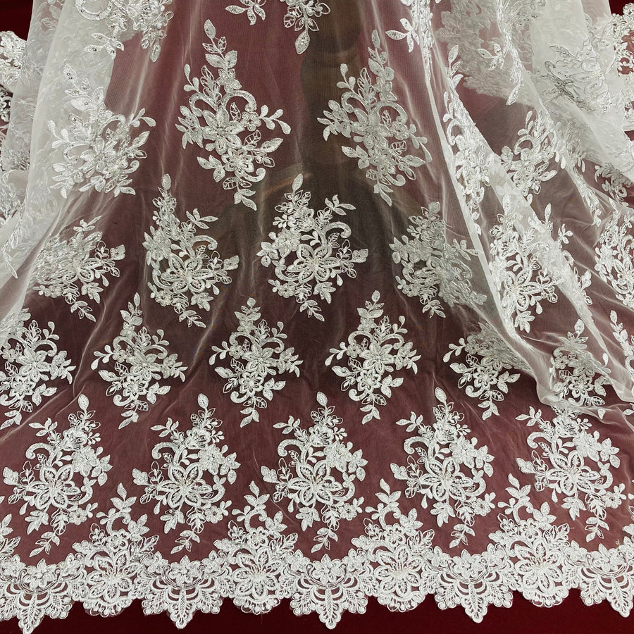 1 Yard Beaded and Corded Bridal Lace Fabric Embroidered on Polyester Net Mesh