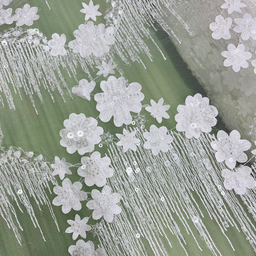 1 Yard Luxurious Beaded 3D Floral Lace Fabric Embroidered on 100% Polyester Net Mesh White