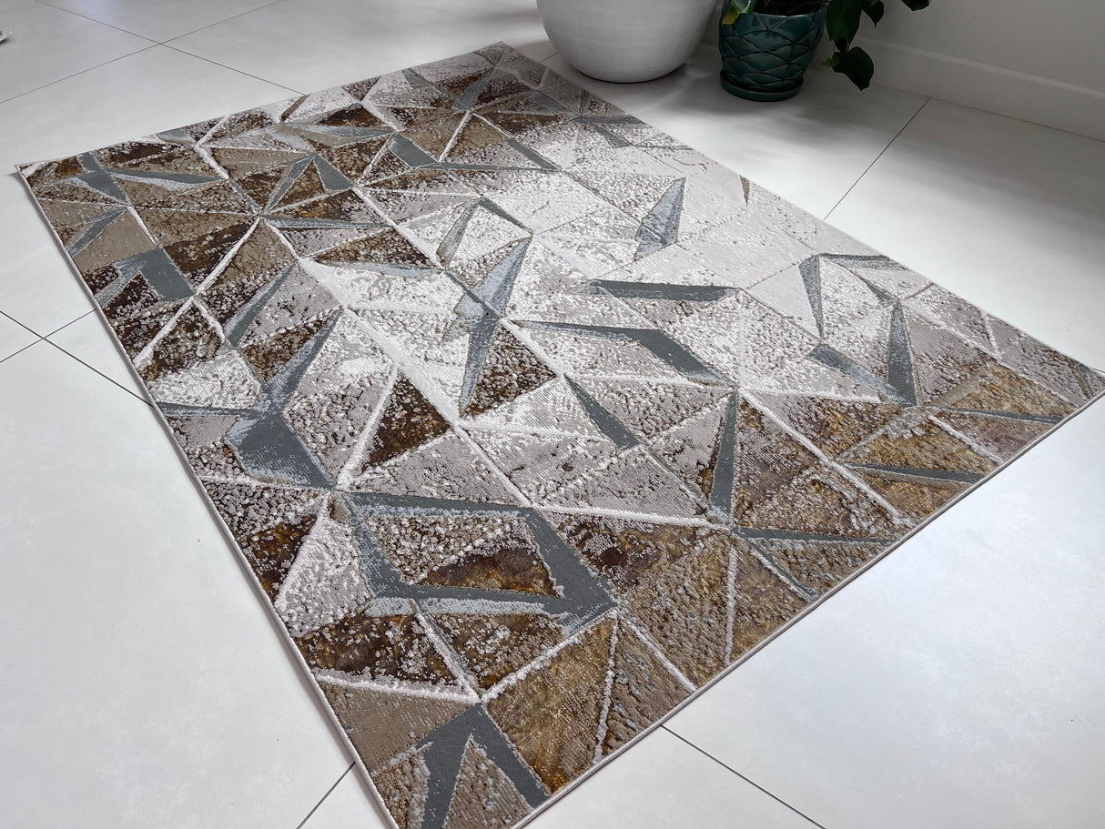 Maximus 242 Polyester Viscose Blend Fabric - Silver With Gold Geometric Design, Color-Changing Flat Weave, 10' X 13' (1 Rug)